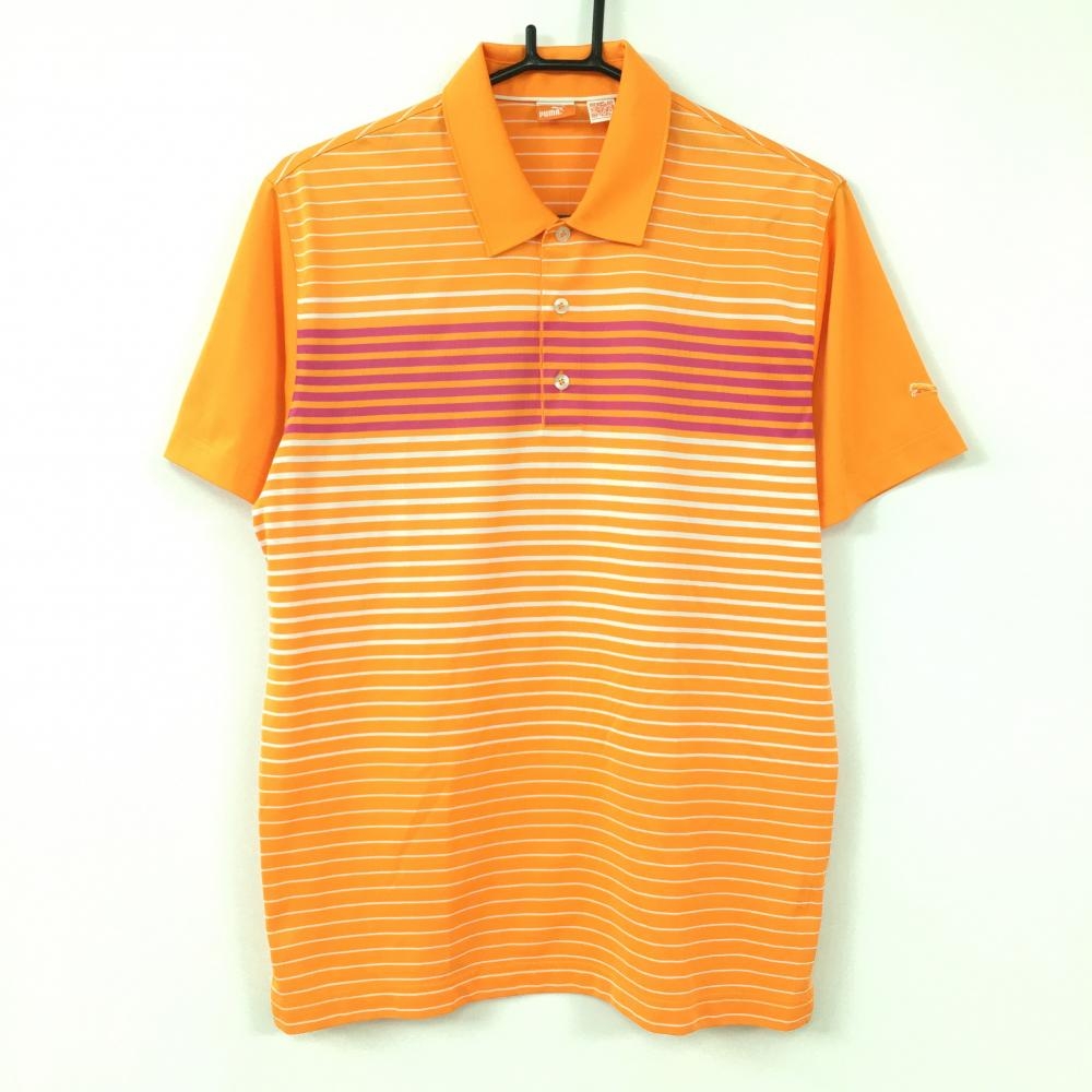 【超美品】PUMA プーマ 半袖ポロシャツ オレンジ×白 ボーダー ストレッチ メンズ Ｌ ゴルフウェア