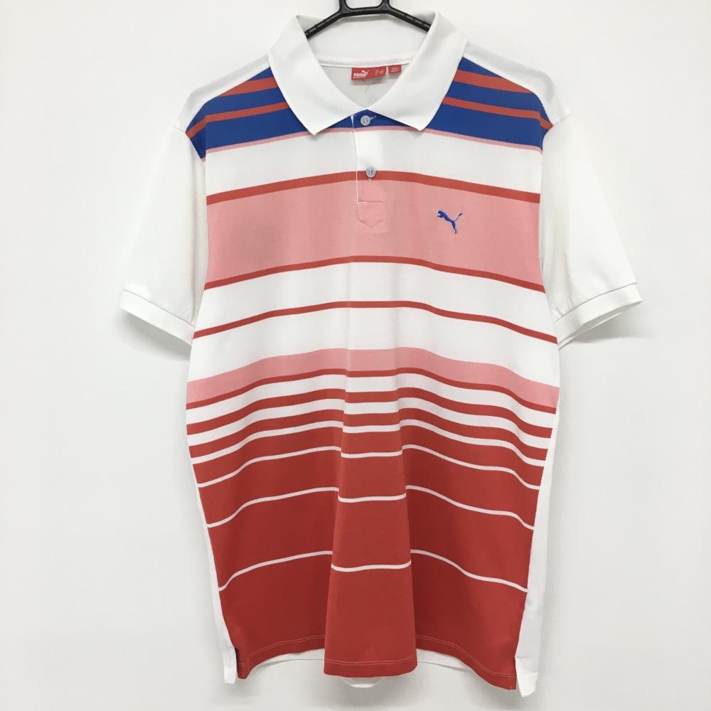 プーマ 半袖ポロシャツ 白×レッド 前面ボーダー メンズ US/L ゴルフウェア PUMA
