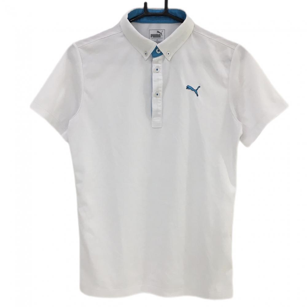 プーマ 半袖ポロシャツ 白 ボタンダウン ロゴライトブルー シンプル メンズ M ゴルフウェア PUMA