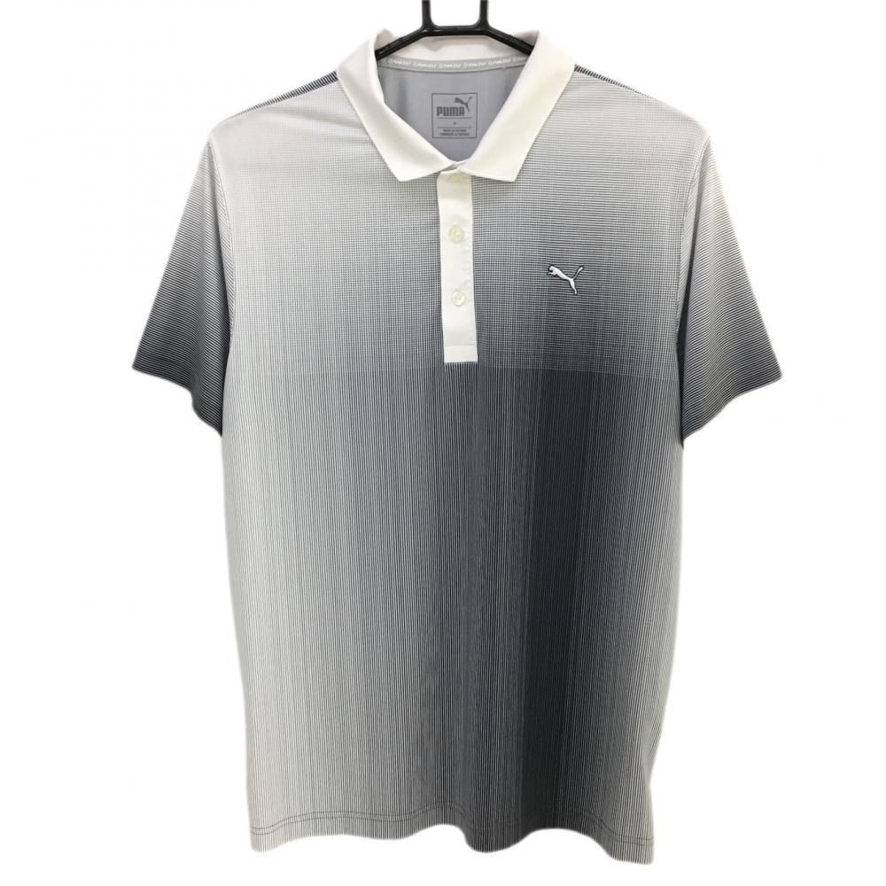 プーマ 半袖ポロシャツ 白×黒 細ストライプ 一部チェック柄 DRYCELL メンズ M ゴルフウェア PUMA