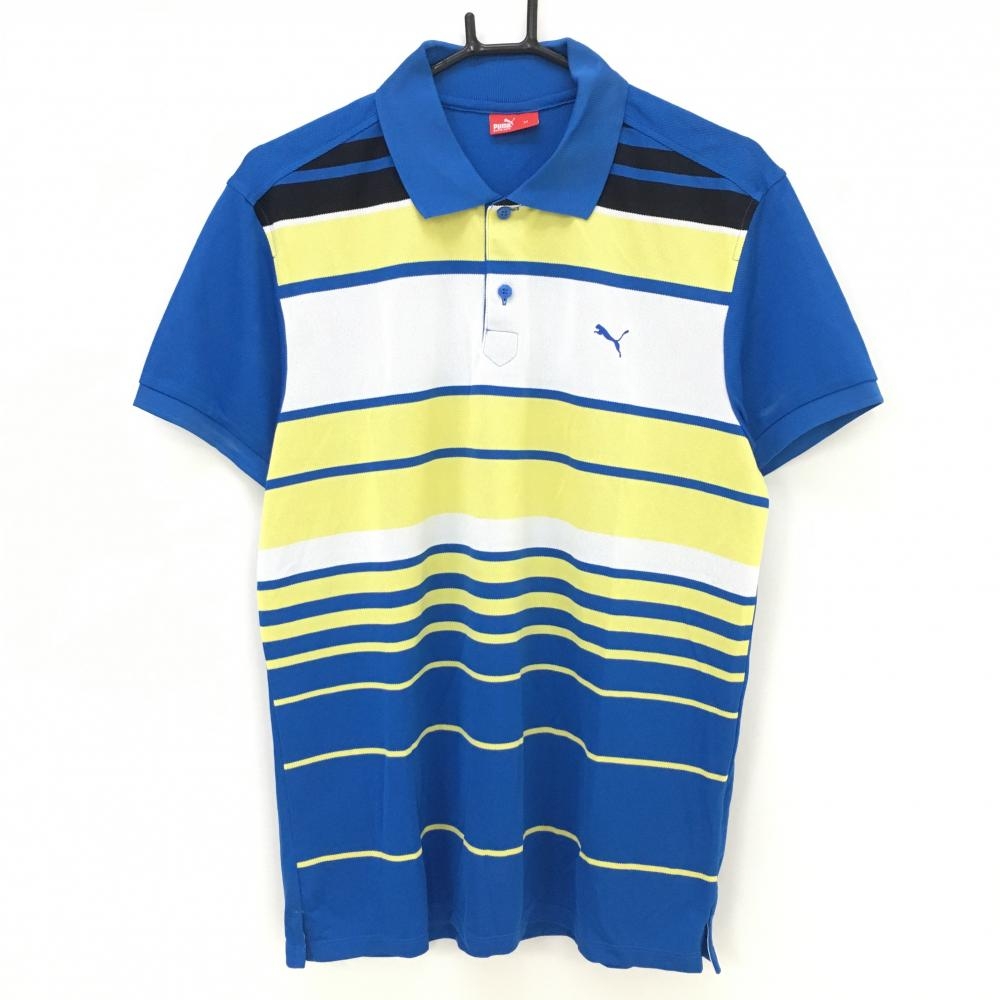 プーマ 半袖ポロシャツ ブルー×イエロー 前ボーダー  メンズ M ゴルフウェア PUMA