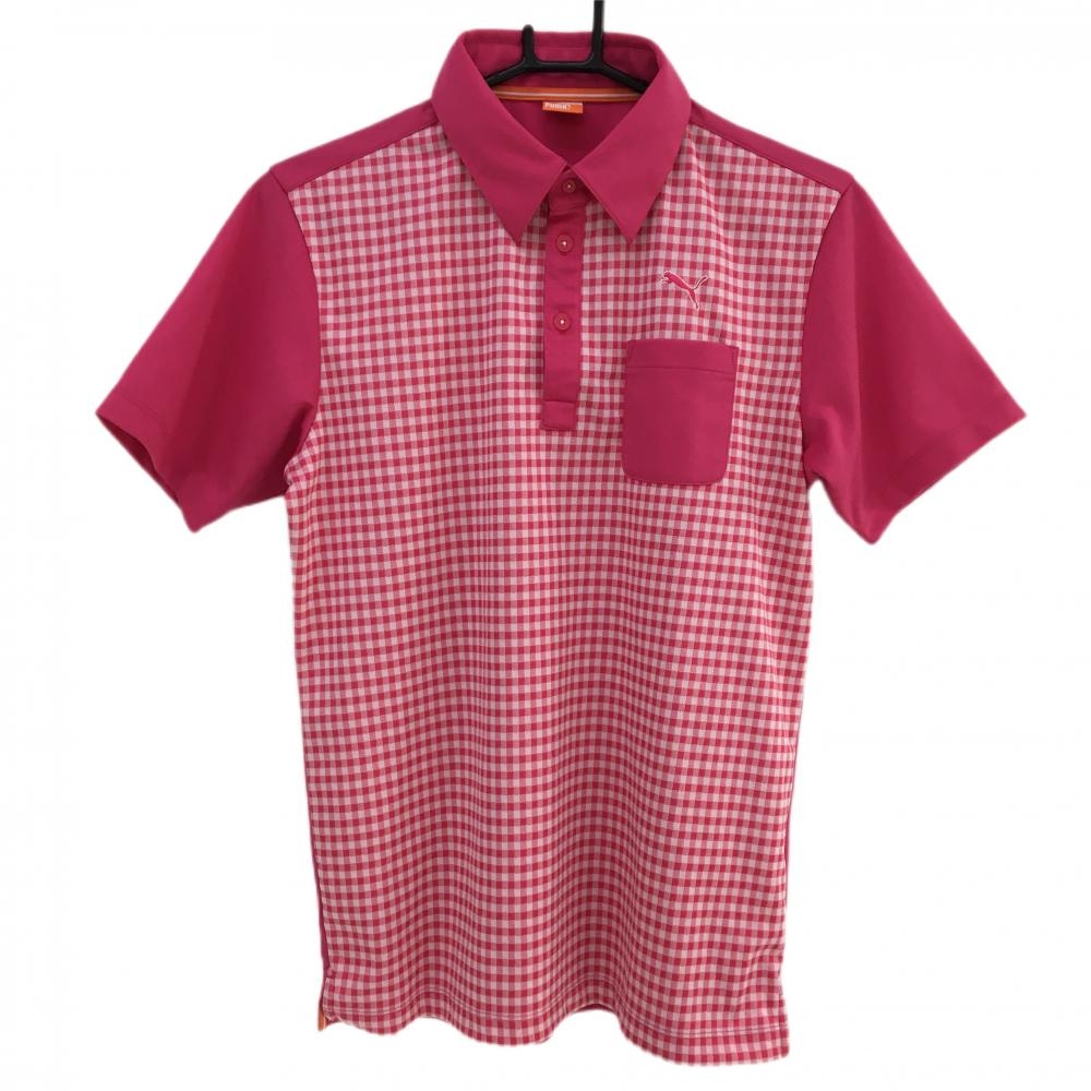 【超美品】プーマ 半袖ポロシャツ ピンク×白 前面ギンガムチェック  メンズ  ゴルフウェア PUMA