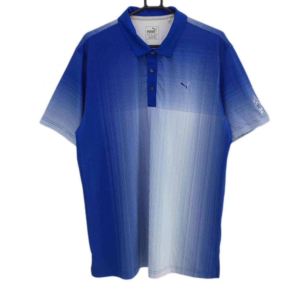 プーマ 半袖ポロシャツ ブルー×白 前上部チェック ストライプ DRYCELL メンズ US L/G ゴルフウェア PUMA