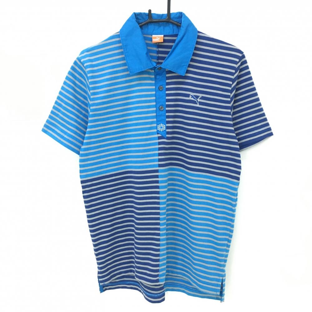 プーマ 半袖ポロシャツ ライトブルー×ライトグレー ボーダー  メンズ L ゴルフウェア PUMA