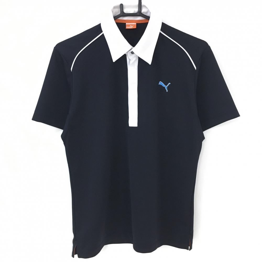 プーマ 半袖ポロシャツ 黒×白 ハーフジップ 地模様 メンズ M ゴルフウェア PUMA