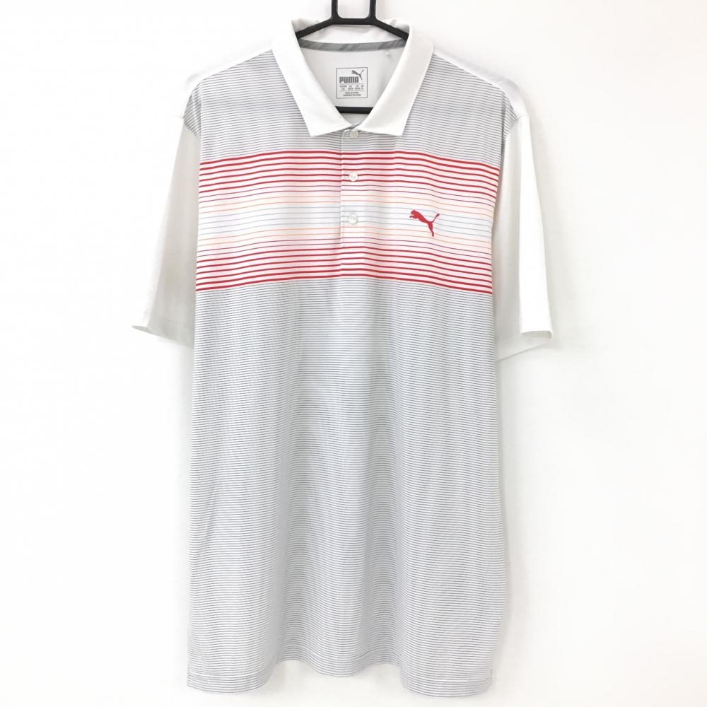 プーマ 半袖ポロシャツ 白×レッド 前面ボーダー DRYCELL メンズ XL ゴルフウェア 大きいサイズ PUMA