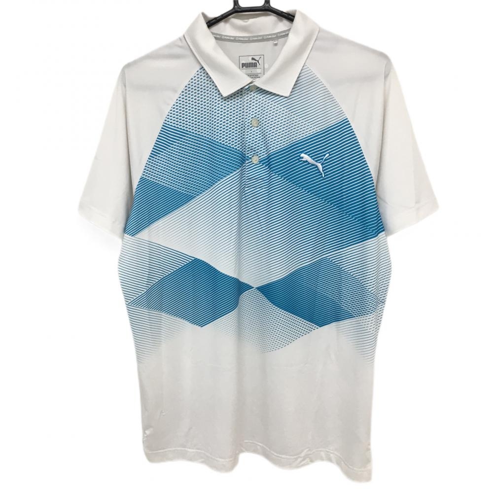 【超美品】プーマ 半袖ポロシャツ 白×ブルー 前面柄  メンズ L ゴルフウェア PUMA