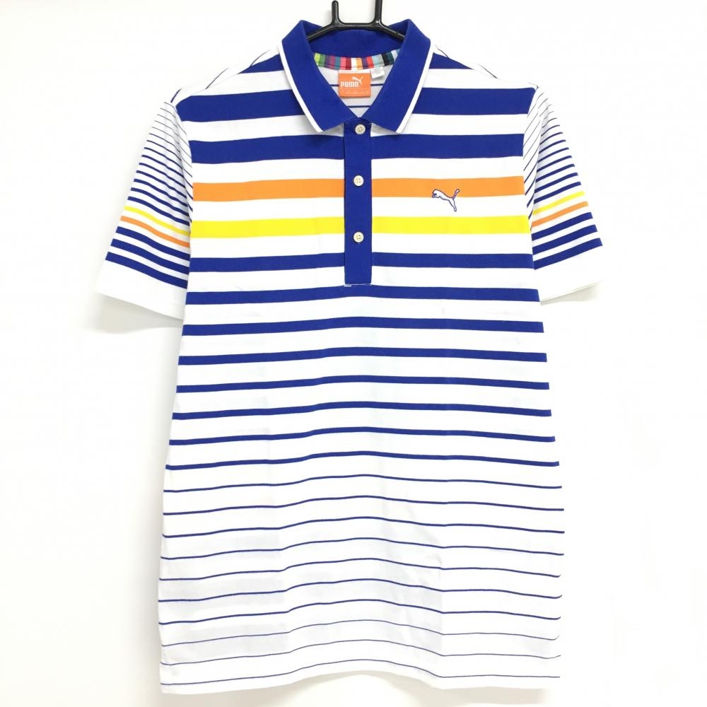 プーマ 半袖ポロシャツ 白×ブルー ボーダー コットン混 メンズ US S ゴルフウェア PUMA
