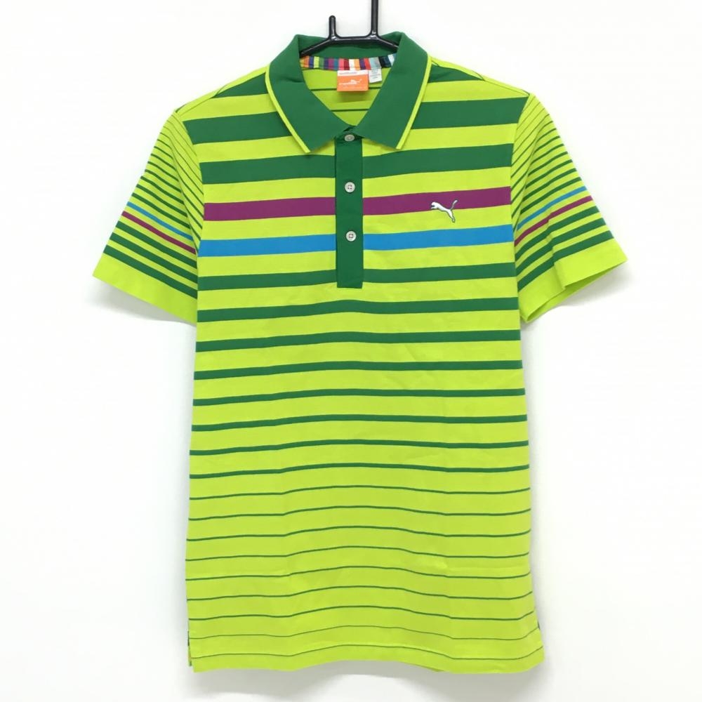 プーマ 半袖ポロシャツ ライトグリーン×グリーン ボーダー コットン混 メンズ US:S ゴルフウェア PUMA