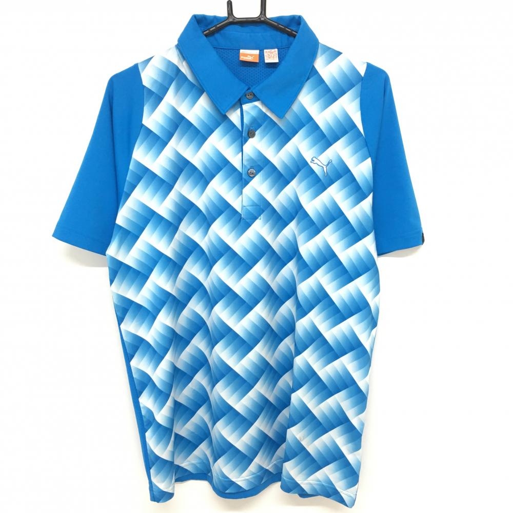 【美品】プーマ 半袖ポロシャツ ブルー×白 前面総柄  メンズ XL ゴルフウェア PUMA