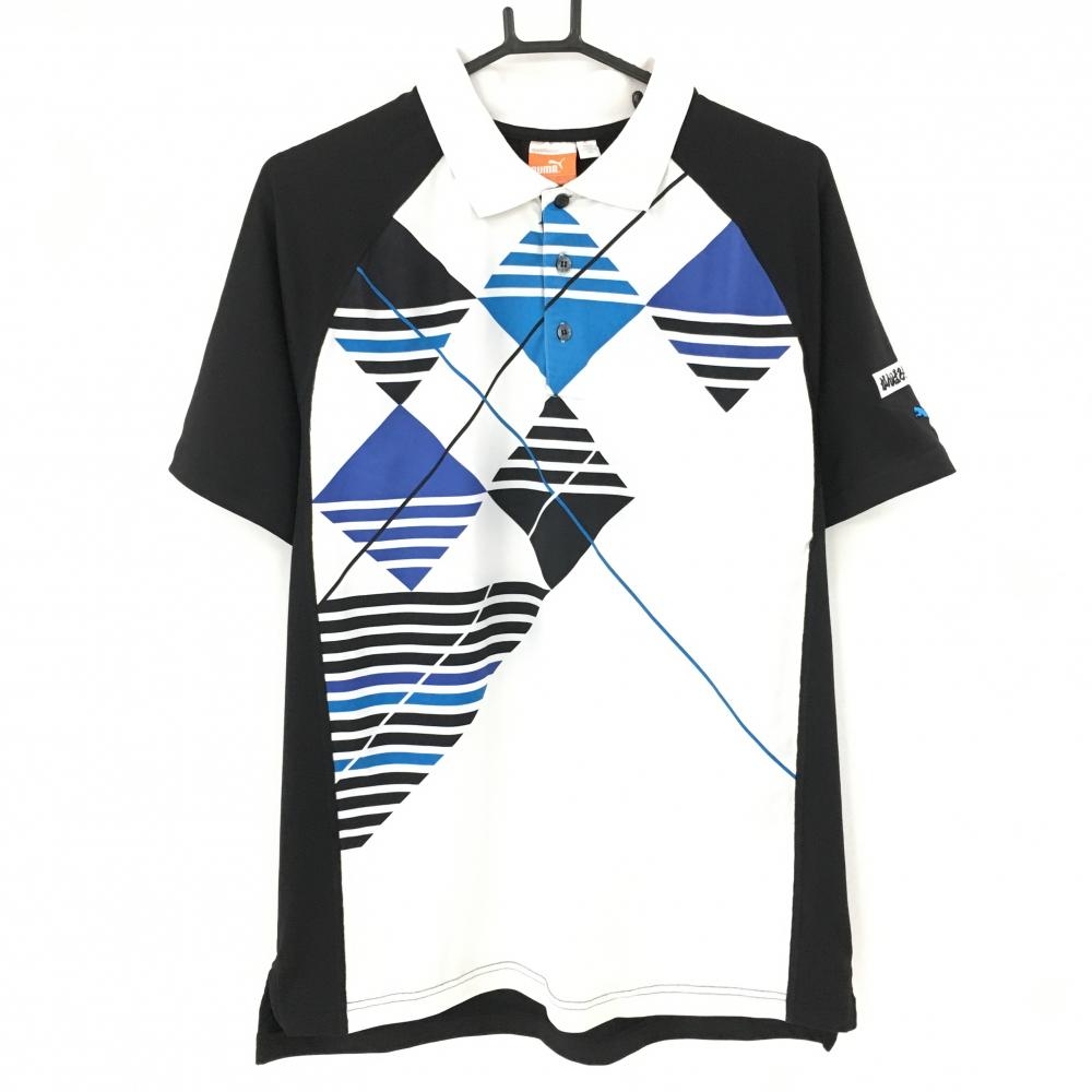 【美品】プーマ 半袖ポロシャツ 黒×白×ブルー 総柄  メンズ L ゴルフウェア PUMA