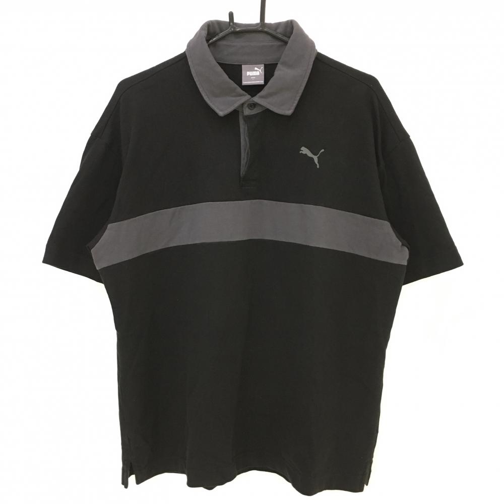 プーマ 半袖ポロシャツ 黒×グレー 胸元ライン  メンズ L ゴルフウェア PUMA