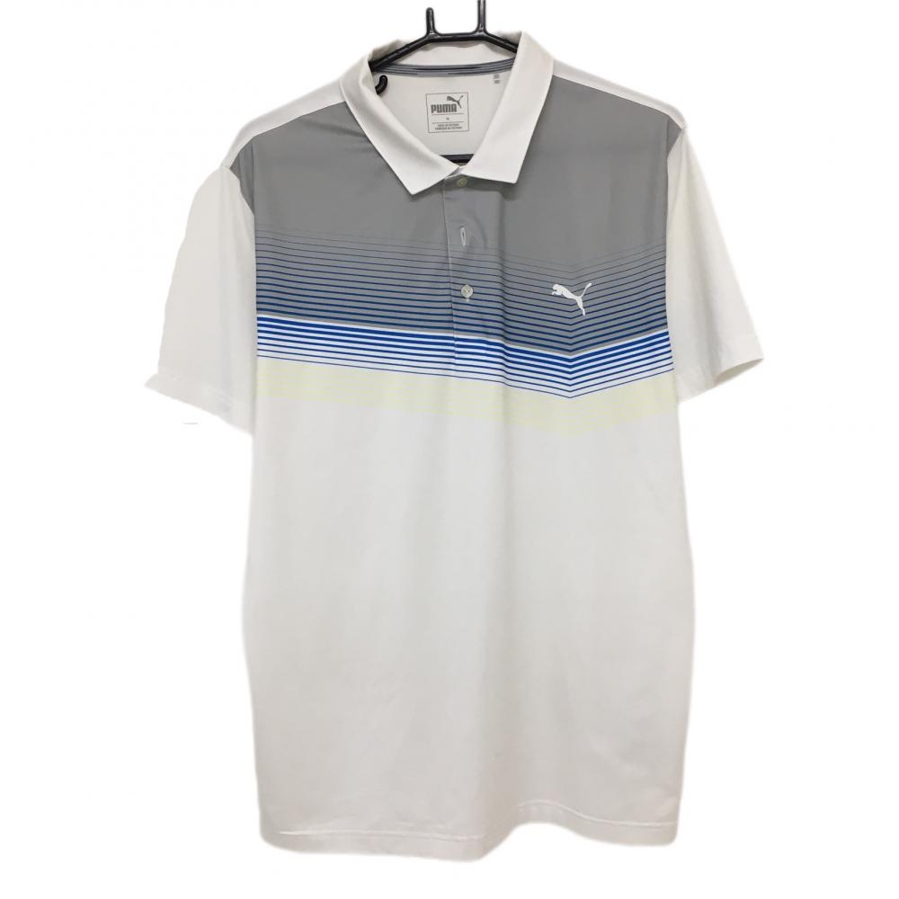 【美品】プーマ 半袖ポロシャツ 白×グレー 一部ボーダー  メンズ XL ゴルフウェア PUMA