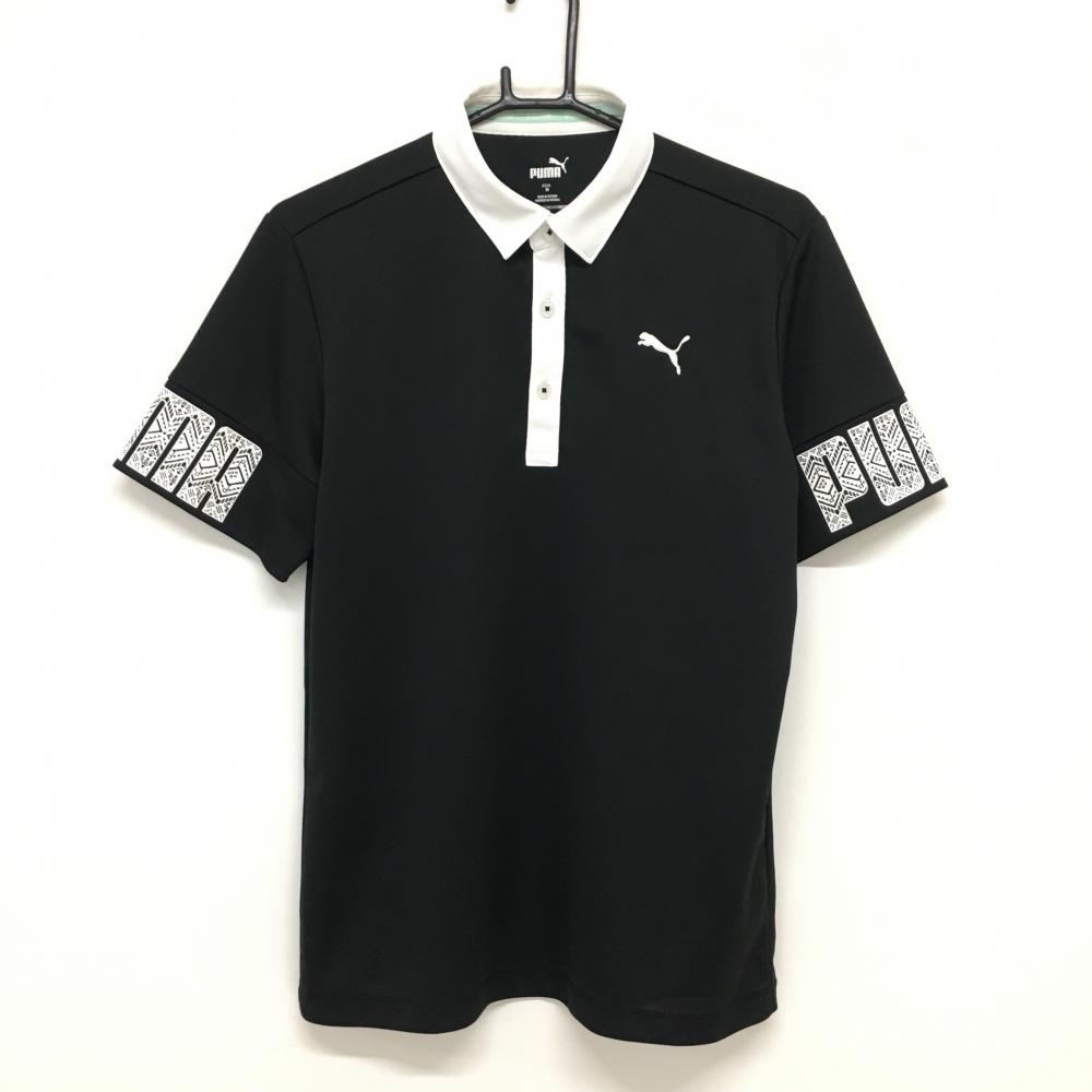 プーマ 半袖ポロシャツ 黒×白 袖プリント ロゴ刺しゅう メンズ M ゴルフウェア PUMA