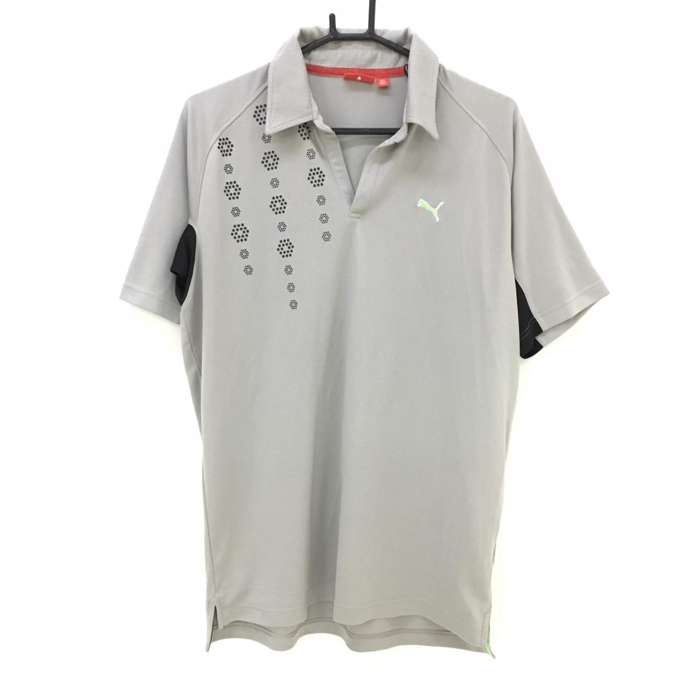 プーマ 半袖スキッパーシャツ グレー×黒 胸元ロゴ刺しゅう メンズ M ゴルフウェア PUMA