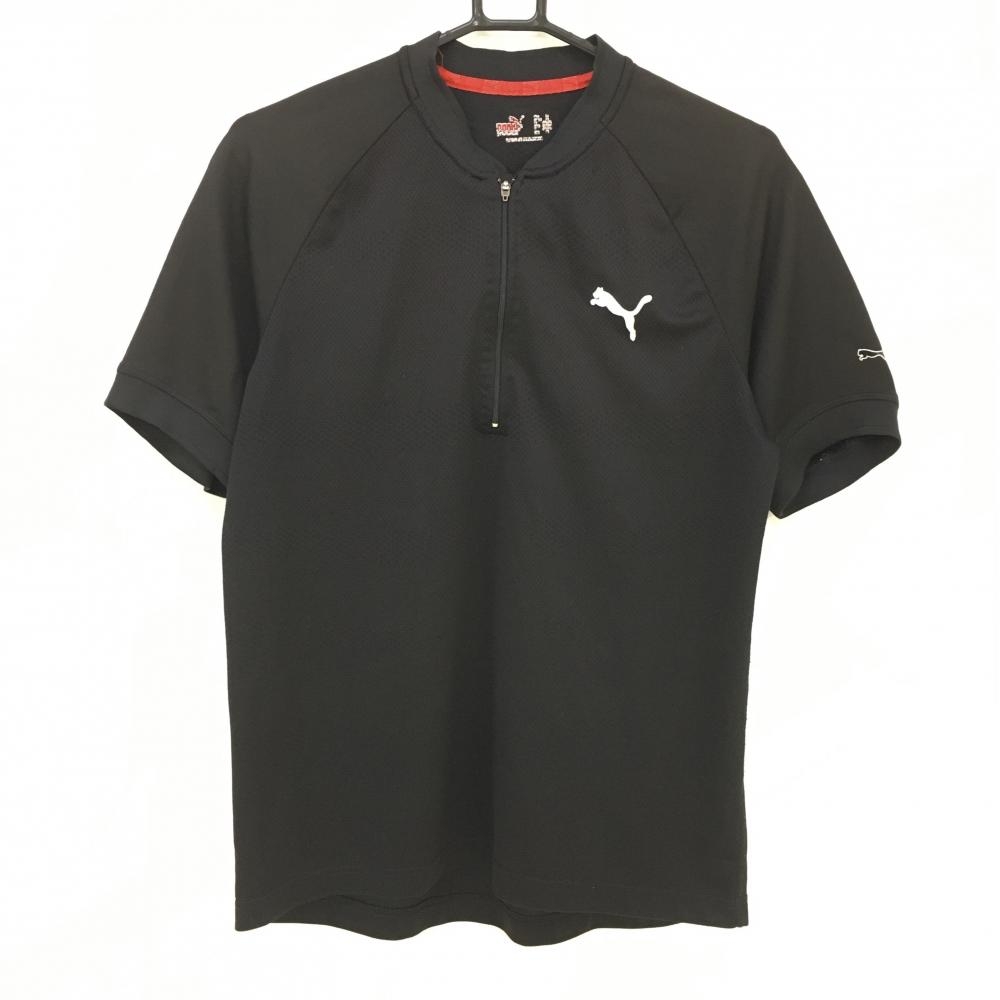 プーマ 半袖ポロシャツ 黒×白 胸元ロゴ刺しゅう ハーフジップ メンズ M ゴルフウェア PUMA