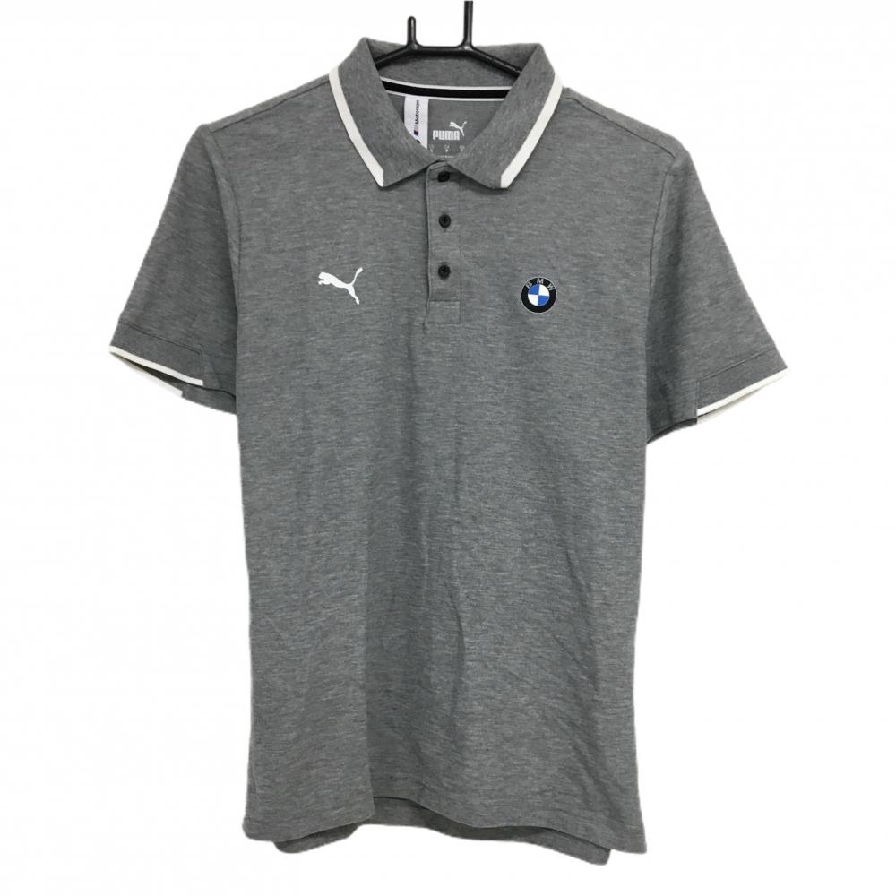 【超美品】プーマ×BMW 半袖ポロシャツ グレー×白 襟・袖口ライン メンズ US-S ゴルフウェア PUMA