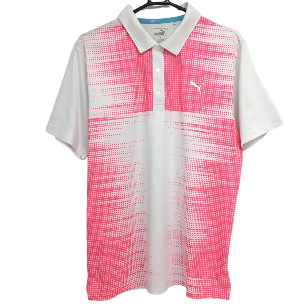 プーマ 半袖ポロシャツ 白×ピンク ブロック柄 PWRCOOL メンズ XL ゴルフウェア PUMA