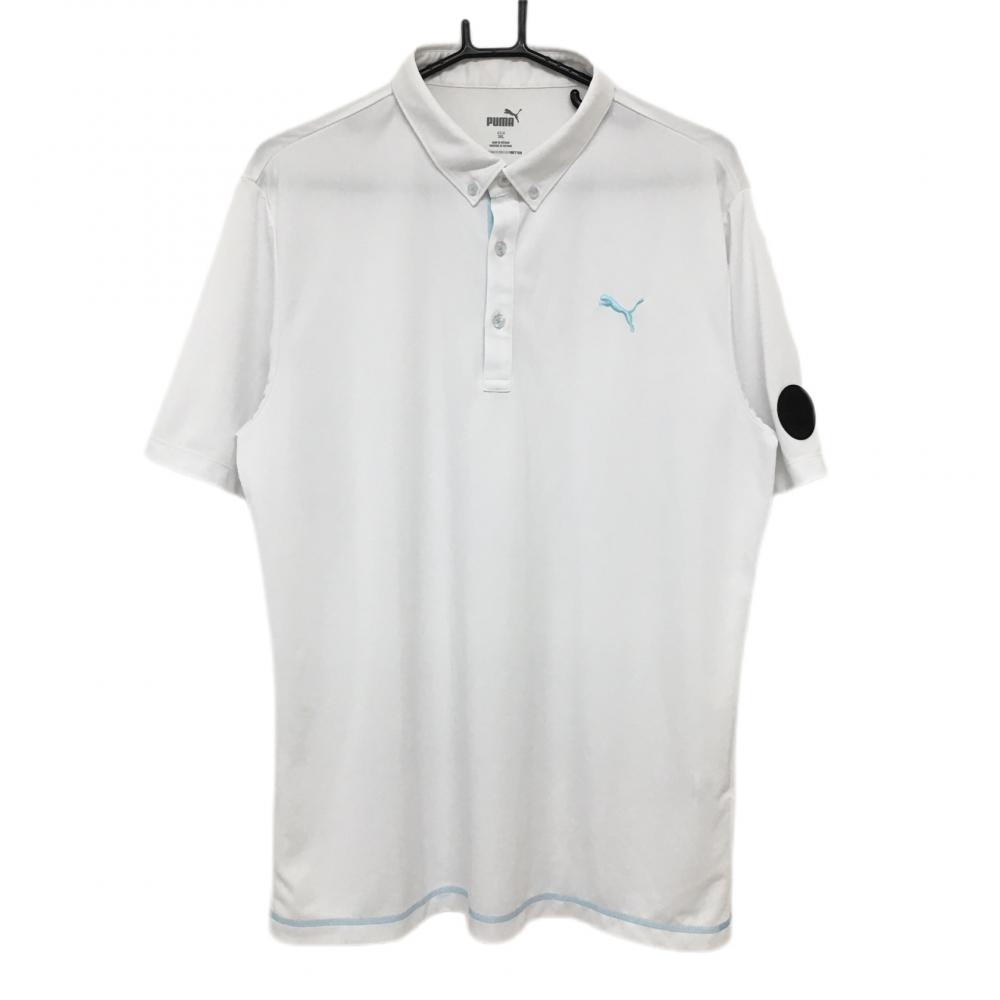 【美品】プーマ 半袖ポロシャツ 白×ライトブルー ロゴ刺しゅう ボタンダウン メンズ 3XL ゴルフウェア 大きいサイズ PUMA