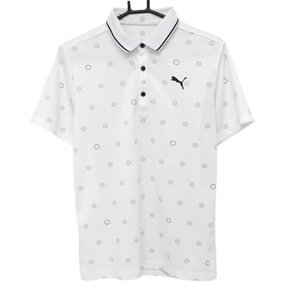 【美品】プーマ 半袖ポロシャツ 白×黒 ロゴ総柄 メンズ M ゴルフウェア PUMA