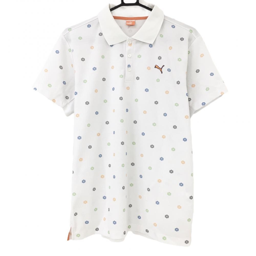 プーマ 半袖ポロシャツ 白×マルチ ロゴ総柄  メンズ O ゴルフウェア PUMA