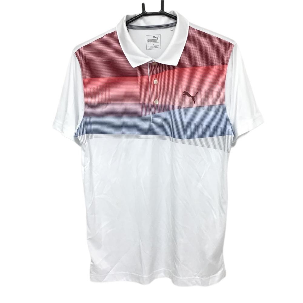 プーマ 半袖ポロシャツ 白×レッド フロント一部ボーダー調 胸元ロゴ  メンズ M ゴルフウェア PUMA