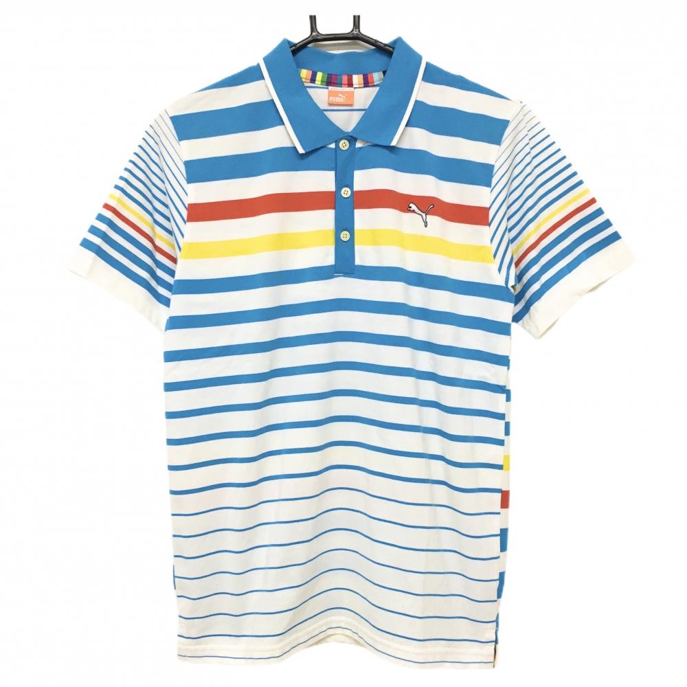 プーマ 半袖ポロシャツ 白×ライトブルー ボーダー ロゴ刺しゅう メンズ M ゴルフウェア PUMA