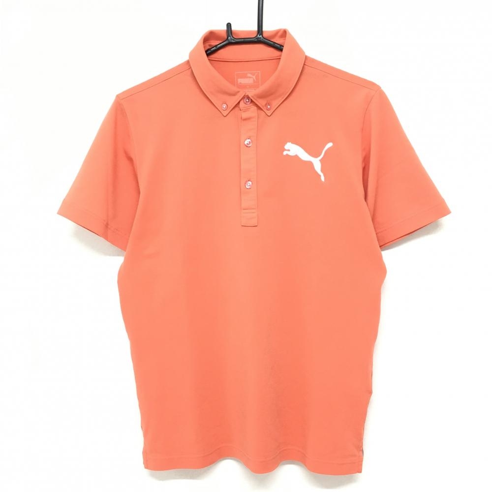 プーマ 半袖ポロシャツ オレンジ×白 ボタンダウン ビッグロゴ刺しゅう メンズ M ゴルフウェア PUMA