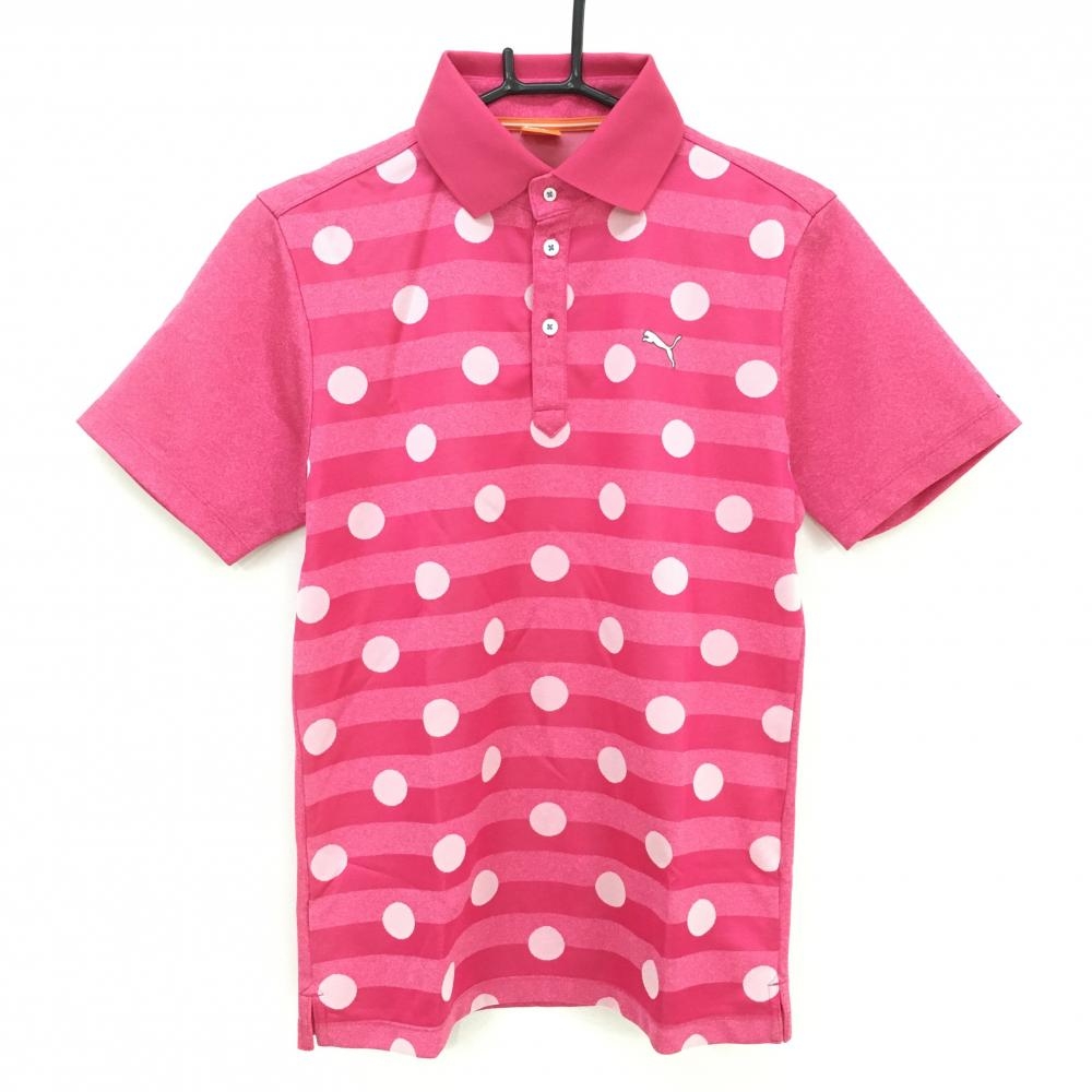 プーマ 半袖ポロシャツ ピンク×白 前面ドット ボーダー メンズ M ゴルフウェア PUMA