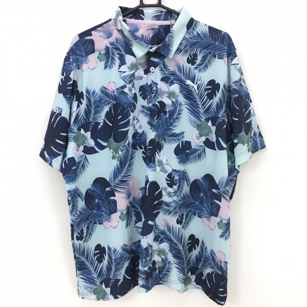 【超美品】プーマ 半袖ポロシャツ ライトブルー×ネイビー リーフ柄 メンズ US XL ゴルフウェア PUMA