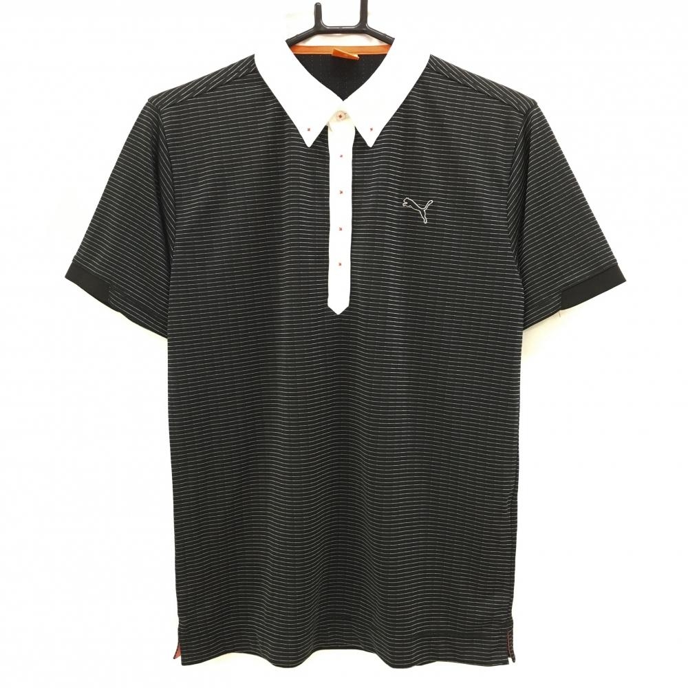 【美品】プーマ 半袖ポロシャツ 黒×白 細ライン総柄 ボタンダウン メンズ M ゴルフウェア PUMA