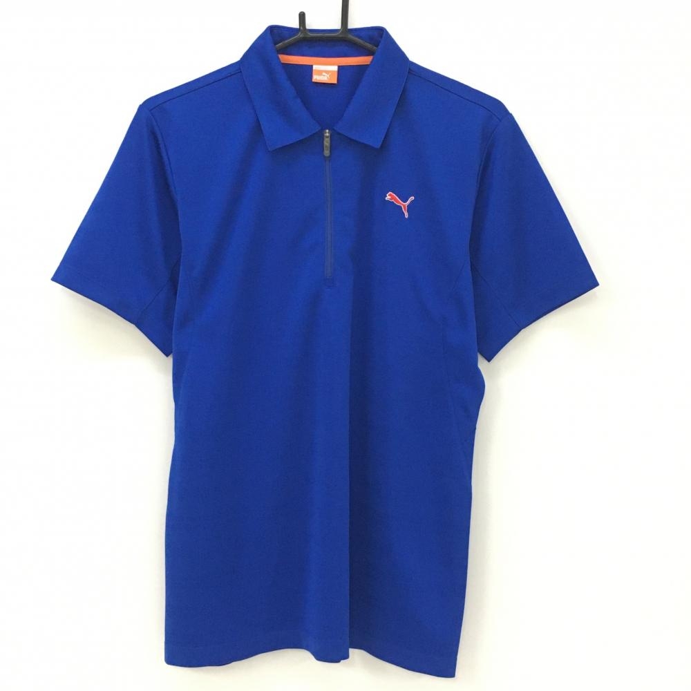 【美品】プーマ 半袖ポロシャツ ブルー 地模様 オレンジロゴ ハーフジップ メンズ L ゴルフウェア PUMA