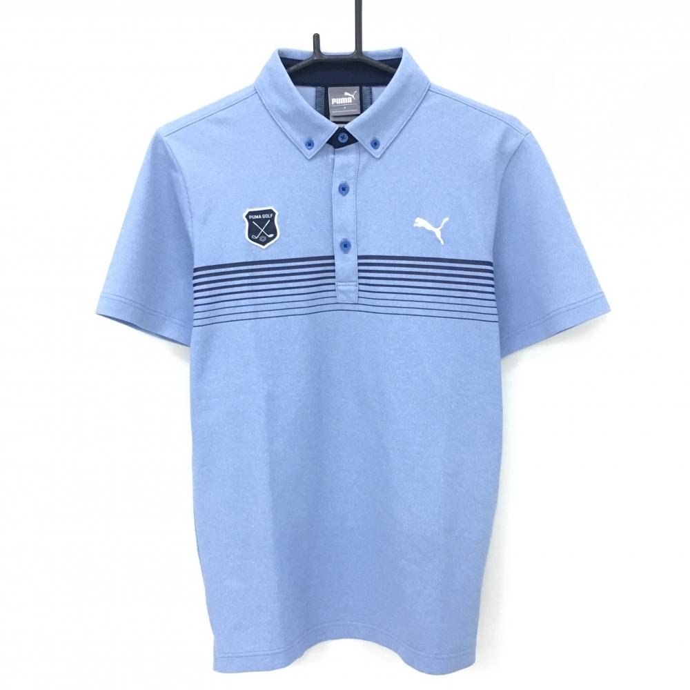 【美品】プーマ 半袖ポロシャツ 杢ブルー×ネイビー 胸元ライン ロゴ刺しゅう メンズ M ゴルフウェア PUMA