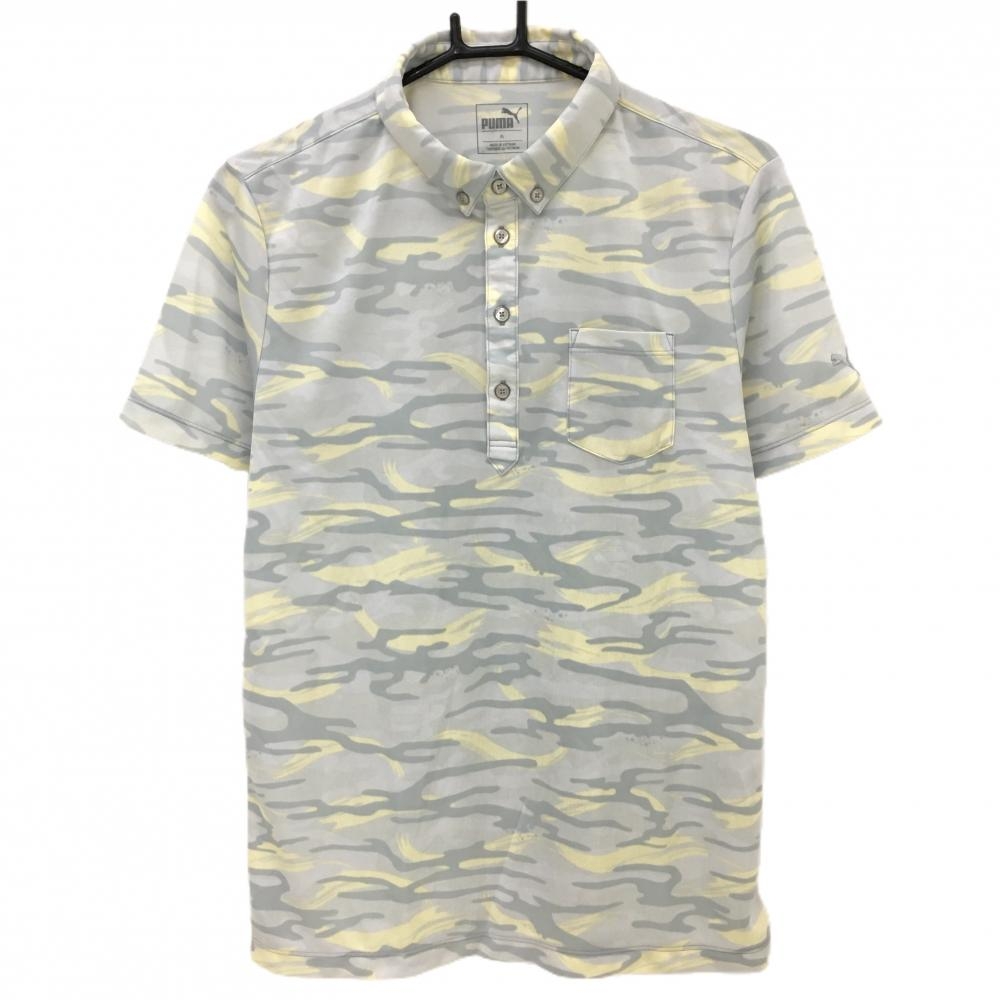 プーマ 半袖ポロシャツ グレー×イエロー 迷彩 カモフラ ボタンダウン  メンズ XL ゴルフウェア PUMA