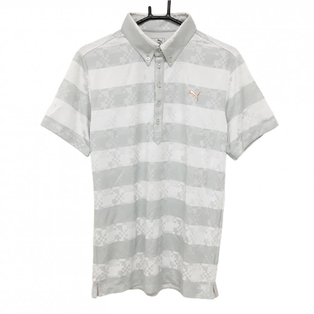 【美品】プーマ 半袖ポロシャツ ライトグレー×白 太ボーダー ブロックチェック調 ボタンダウン DRYCELL  メンズ O(XL) ゴルフウェア PUMA