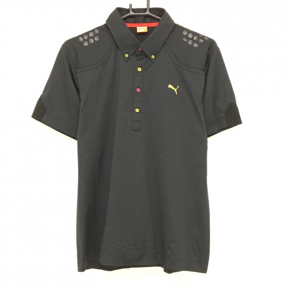 【超美品】プーマ 半袖ポロシャツ 黒 ロゴイエロー ボタンダウン  メンズ L ゴルフウェア PUMA