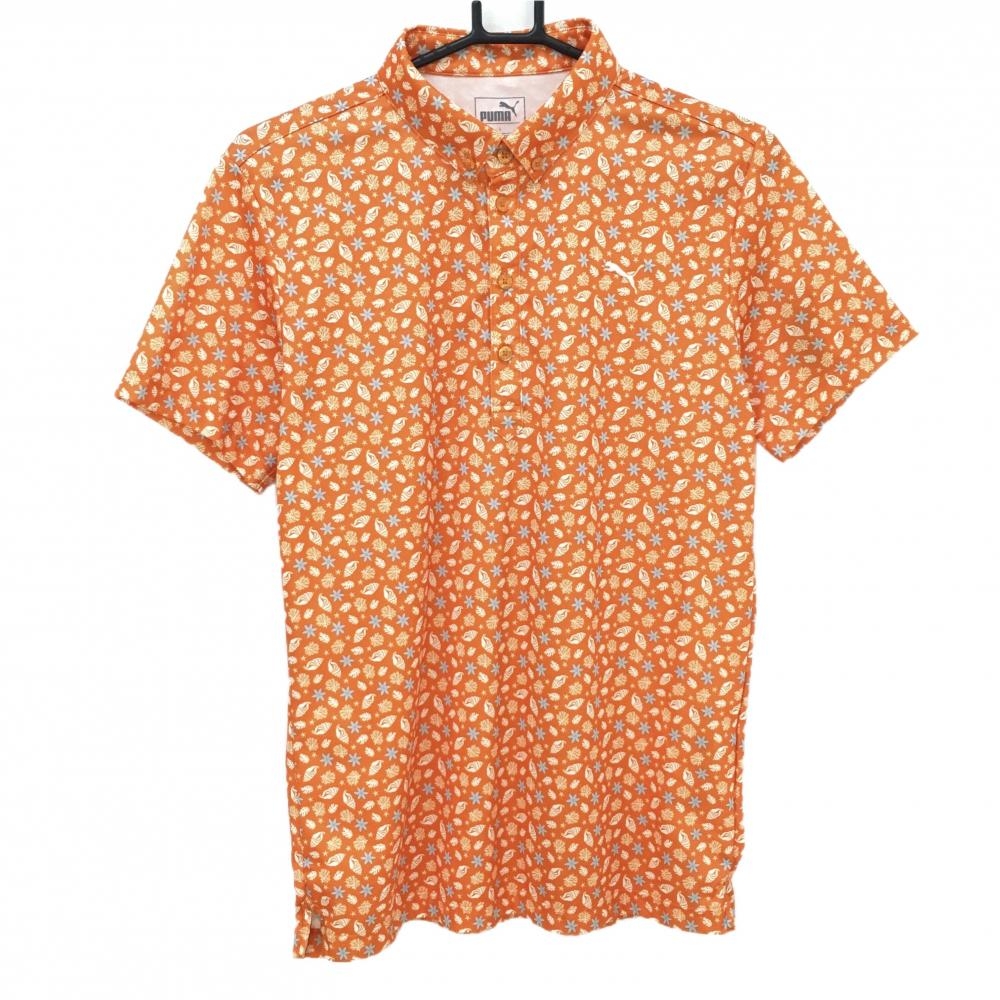 プーマ 半袖ポロシャツ オレンジ×白 総柄 貝殻 ボタンダウン  メンズ L ゴルフウェア PUMA