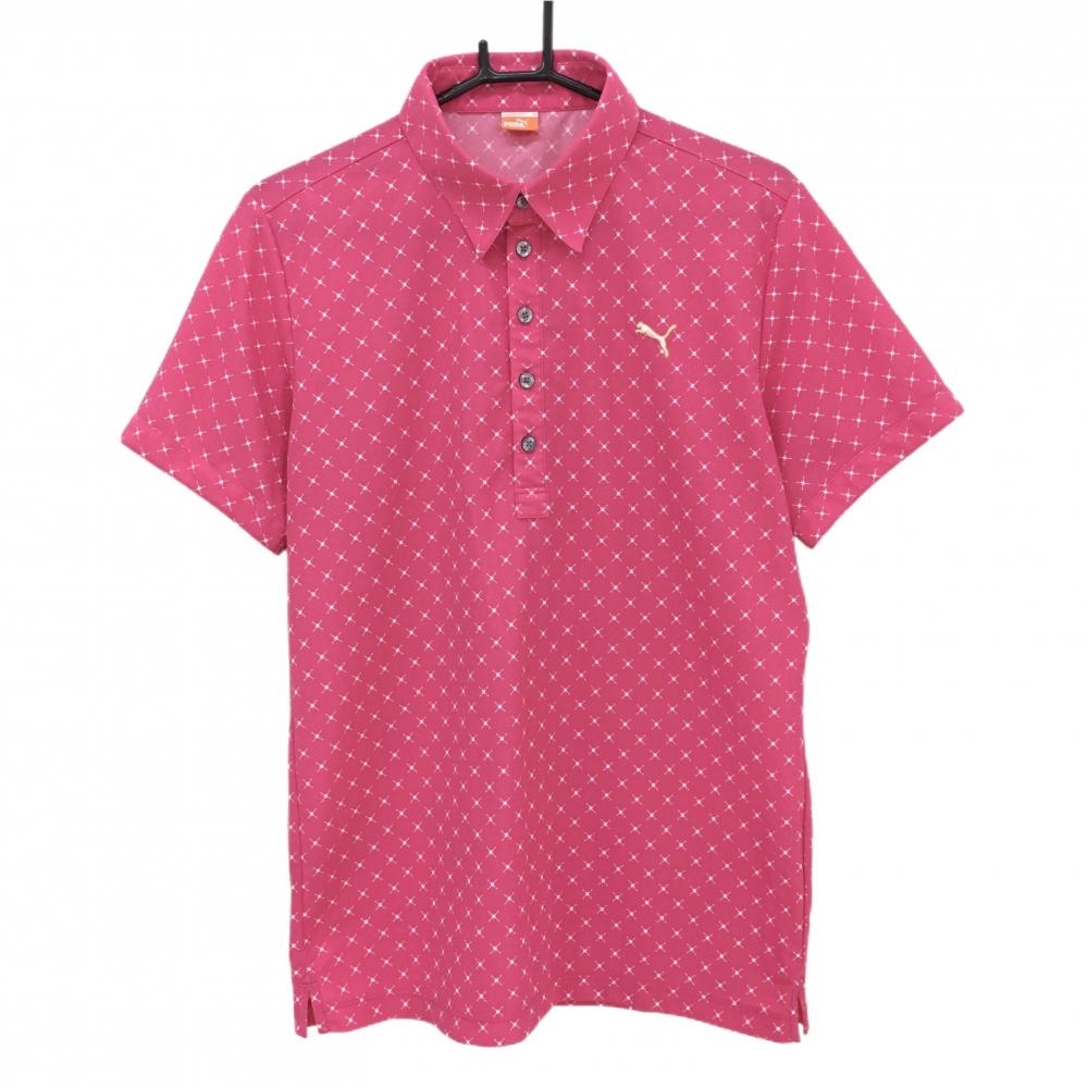 【美品】プーマ 半袖ポロシャツ ピンク×白 総柄 ロゴ刺しゅう メンズ O ゴルフウェア PUMA