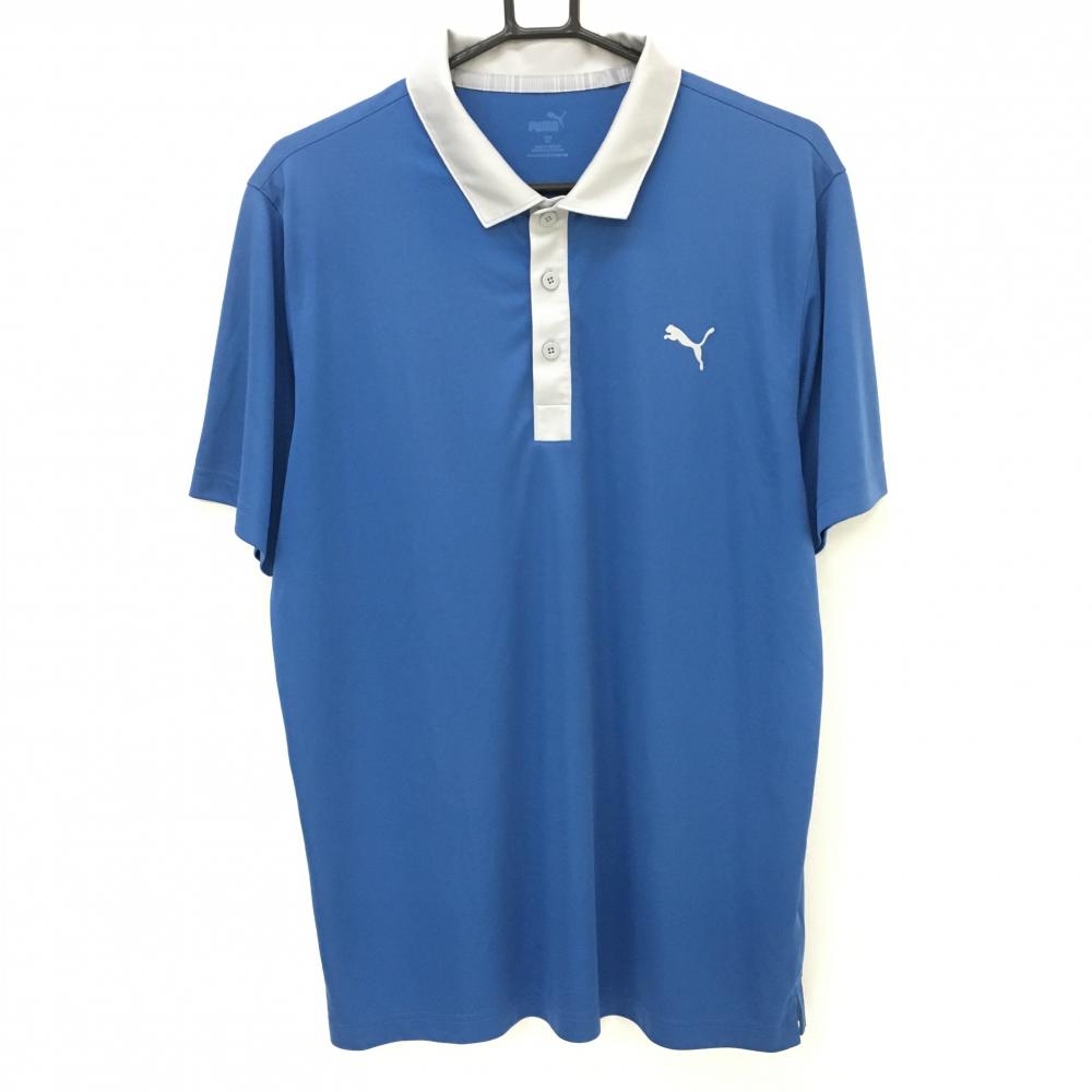 【美品】プーマ 半袖ポロシャツ ブルー×ライトグレー 胸元ロゴ メンズ XXL ゴルフウェア PUMA