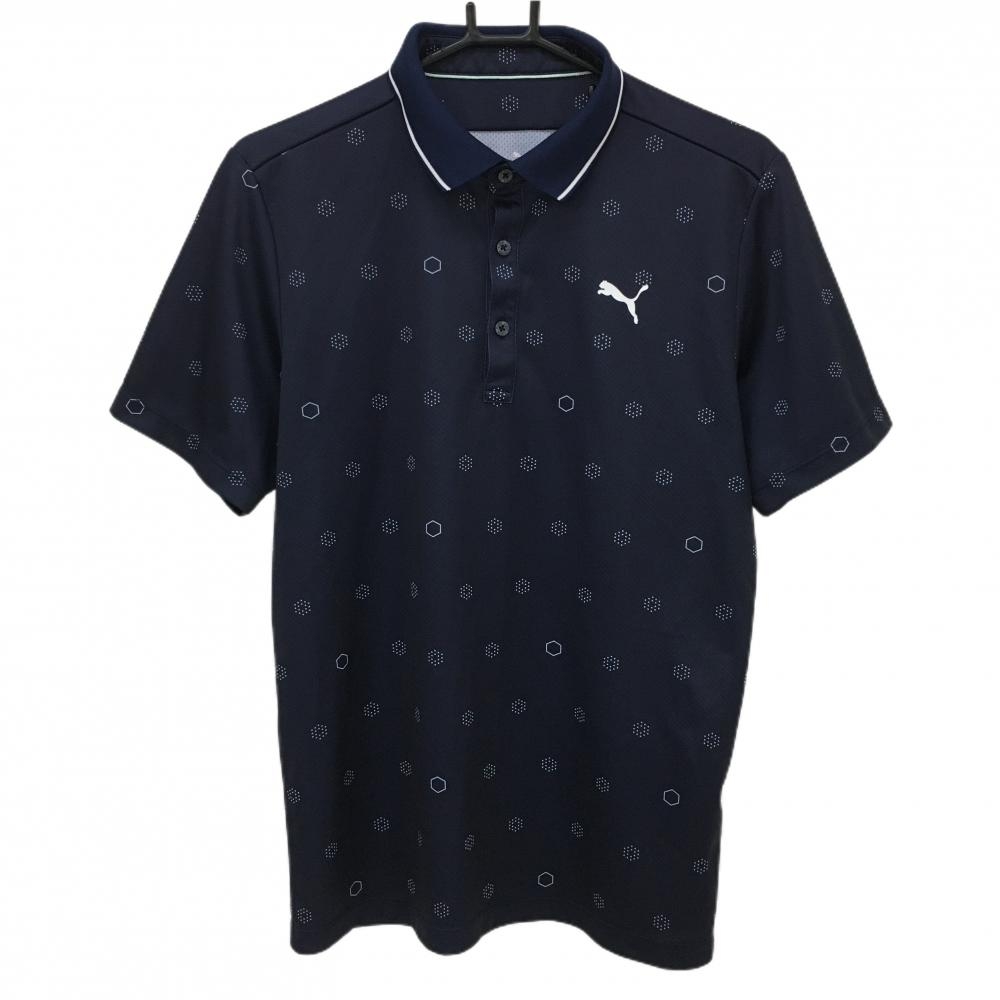 【超美品】プーマ 半袖ポロシャツ ネイビー×白 総柄 ロゴ メンズ L ゴルフウェア PUMA
