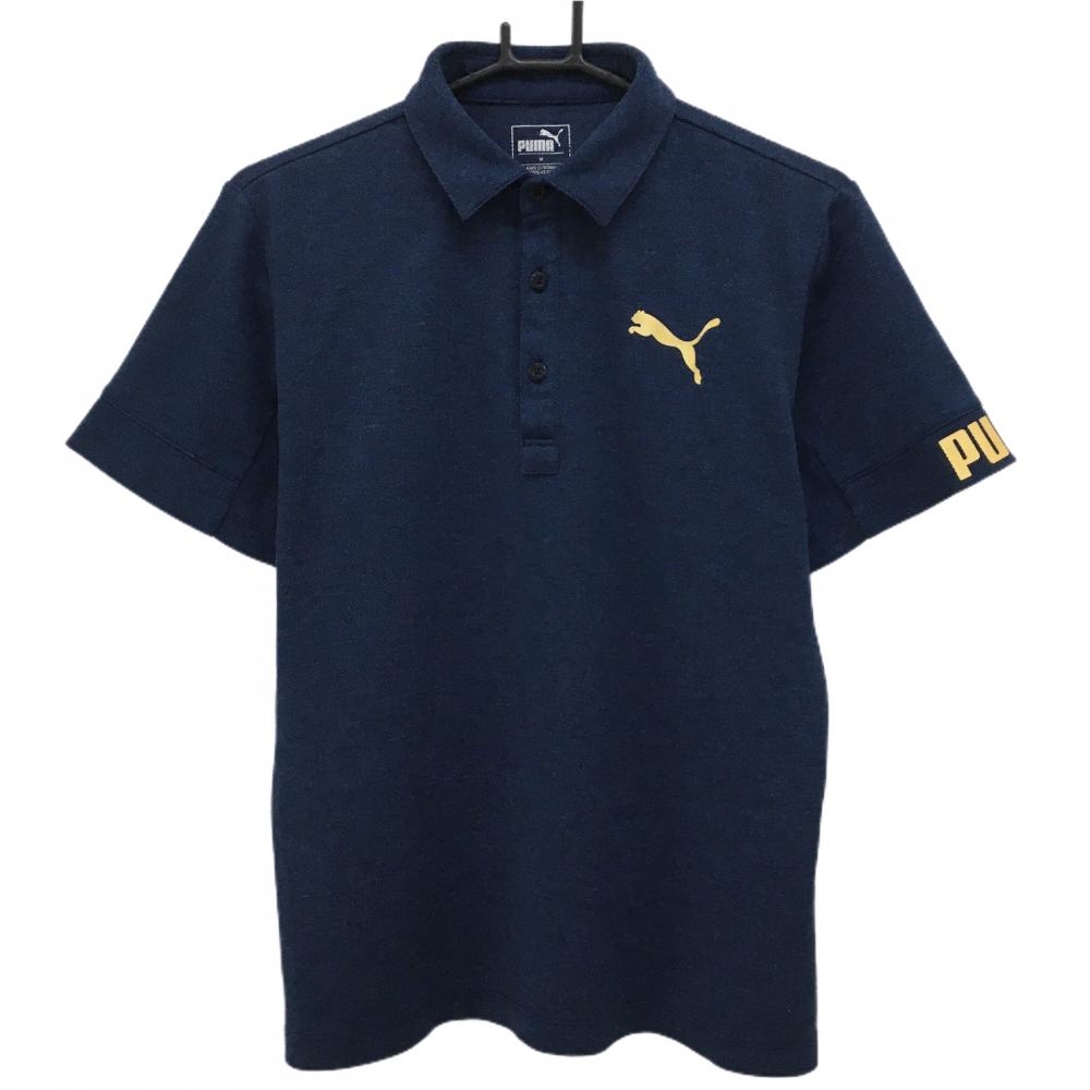 【美品】プーマ 半袖ポロシャツ 杢ネイビー×ゴールド 胸ロゴ メンズ M ゴルフウェア PUMA