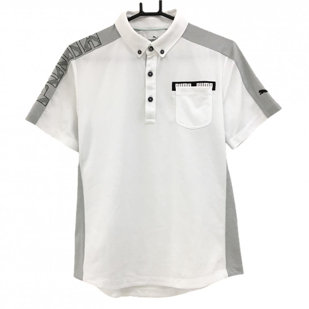 【美品】プーマ 半袖ポロシャツ 白×グレー 胸ポケット DRYCELL ボタンダウン メンズ M ゴルフウェア PUMA