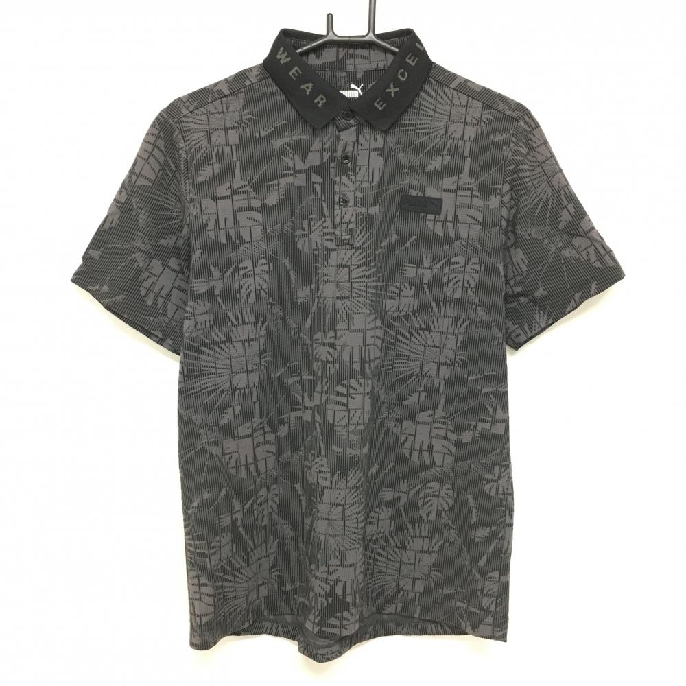 【超美品】プーマ 半袖ポロシャツ グレー×黒 総柄 ストライプ メンズ L ゴルフウェア PUMA