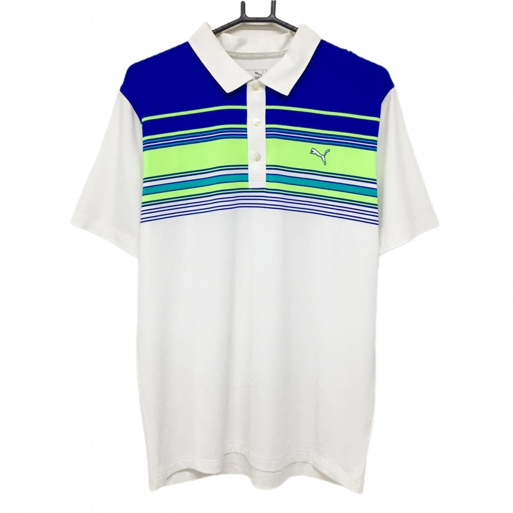プーマ 半袖ポロシャツ 白×ブルー 上部ランダムボーダー ロゴ刺しゅう  メンズ XL ゴルフウェア PUMA