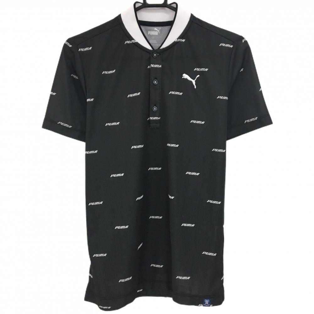 【超美品】プーマ 半袖ポロシャツ 黒×白 ロゴ総柄 スタンドカラー メンズ S ゴルフウェア PUMA