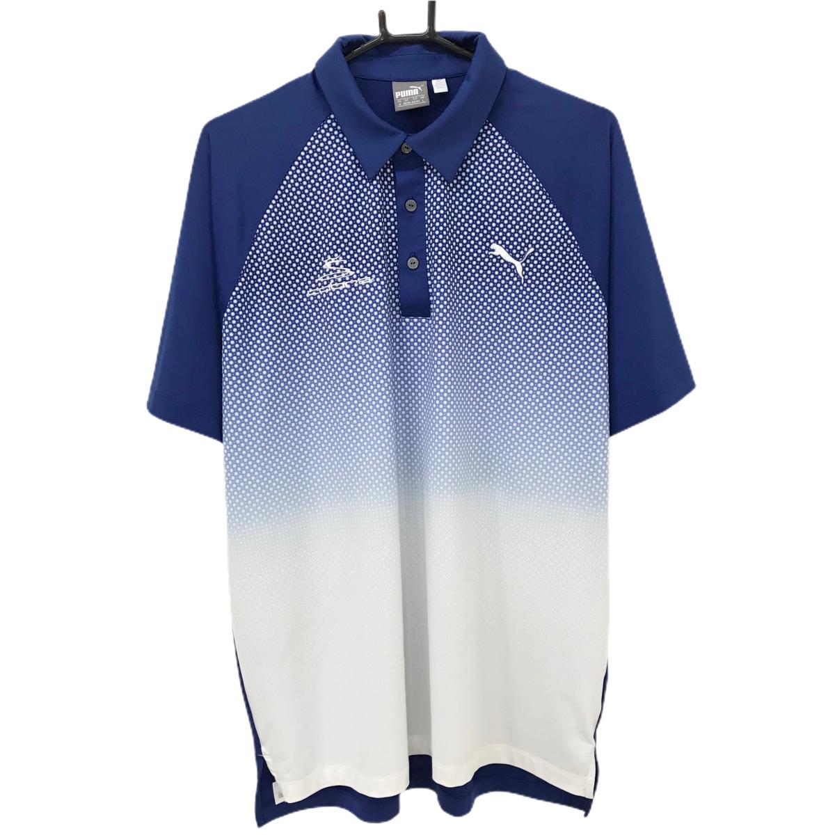 プーマ 半袖ポロシャツ ブルー×白 前ドット メンズ US-M ゴルフウェア PUMA