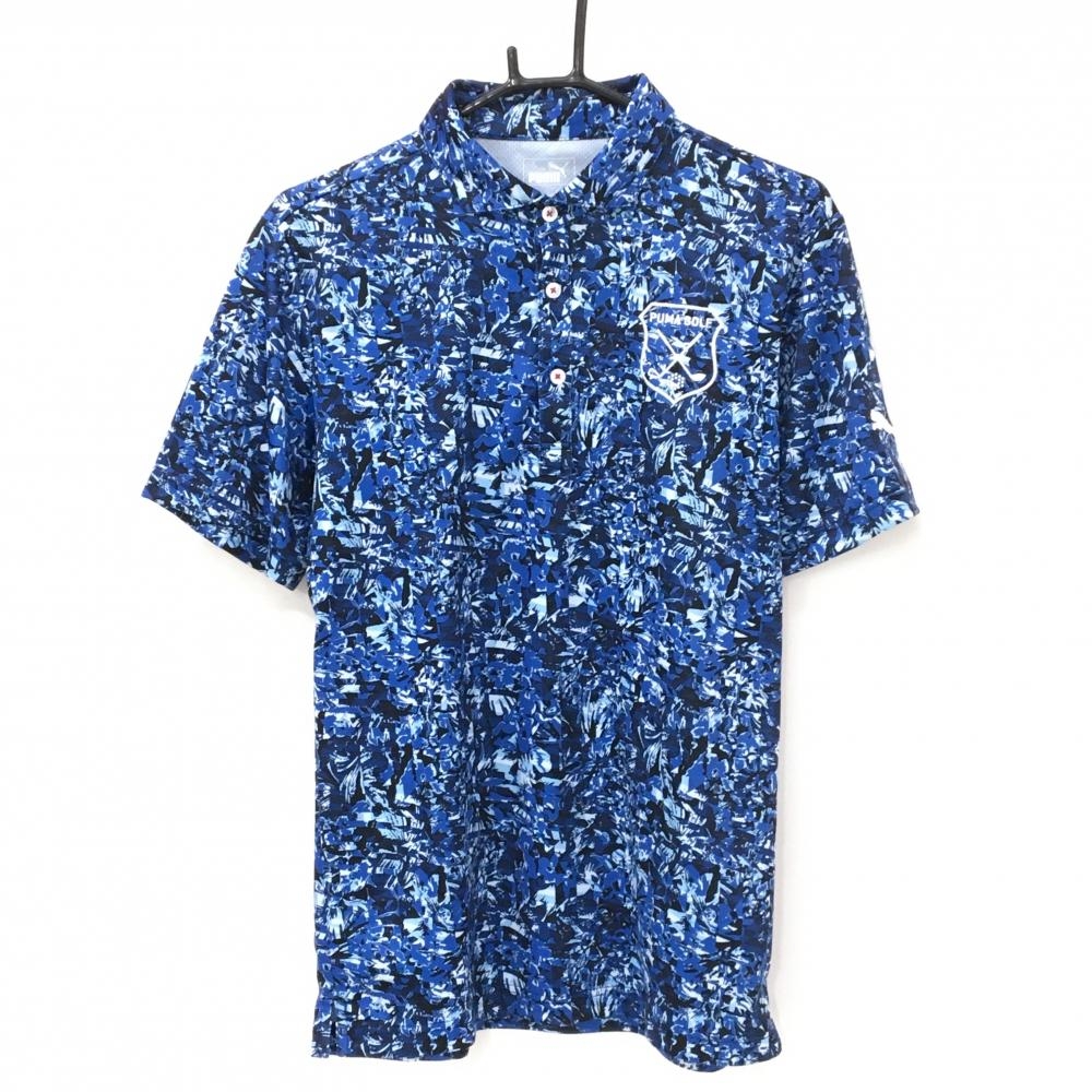 【美品】プーマ 半袖ポロシャツ ネイビー×ブルー 総柄 ロゴ刺しゅう メンズ L ゴルフウェア PUMA