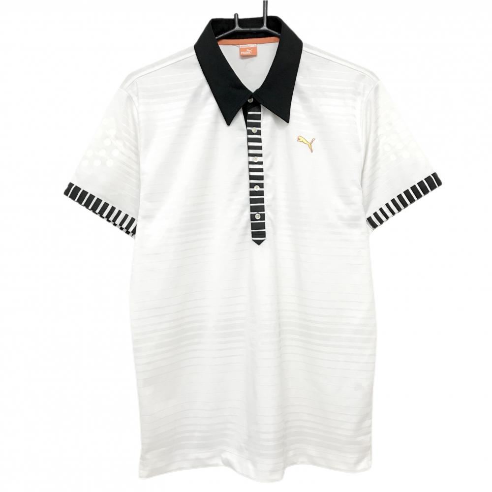 プーマ 半袖ポロシャツ 白×黒 ボーダー ロゴ刺しゅう メンズ O ゴルフウェア PUMA
