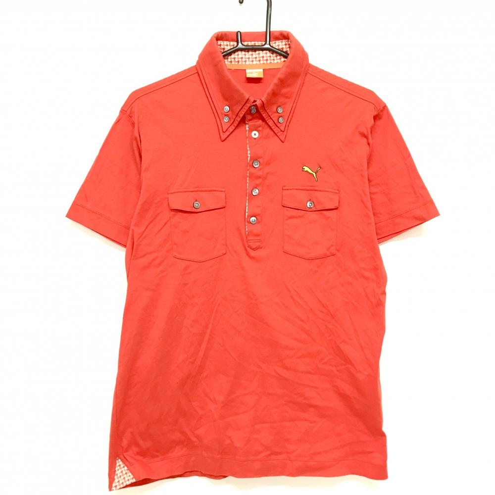 プーマ 半袖ポロシャツ レッド 二重襟 ボタンダウン 襟内側・前立て内側千鳥格子 メンズ XO ゴルフウェア PUMA