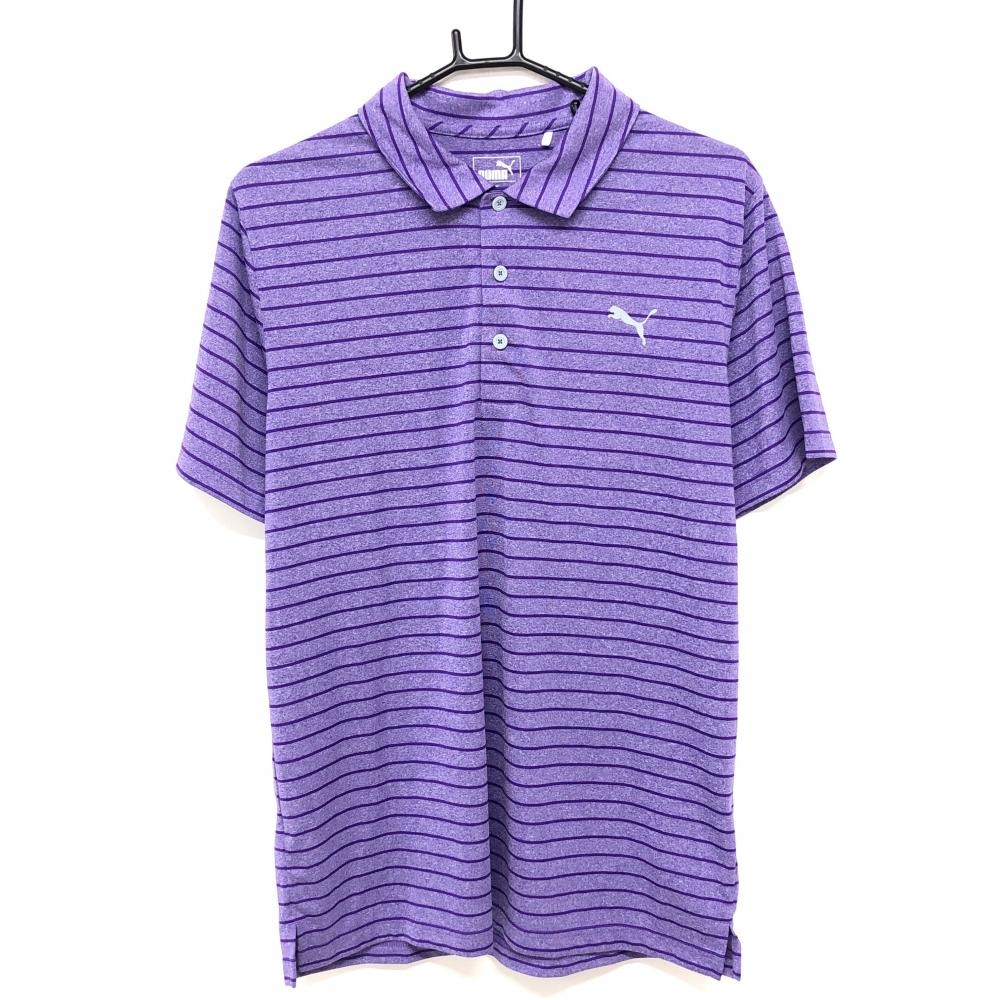 【超美品】プーマ 半袖ポロシャツ ライトパープル×パープル ボーダー 胸元ロゴ メンズ XL ゴルフウェア PUMA